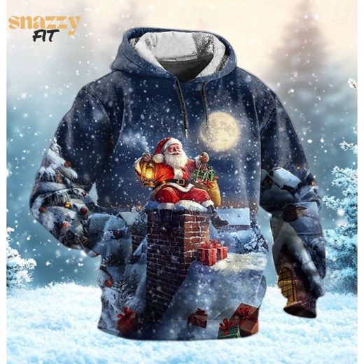 Christmas Men’s 3D Santa Claus Hoodie – Holiday Streetwear, Blue Pocket Hoodie, Spring & Fall Fashion