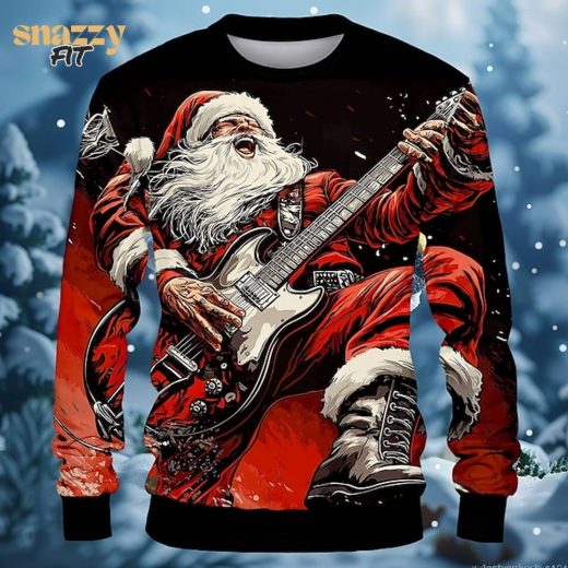 Christmas Men’s Santa Claus Sweatshirt – Cool 3D Rock Design, Musical Instrument Print, Long Sleeve Crewneck for Winter, Spring, and Fall Festivals