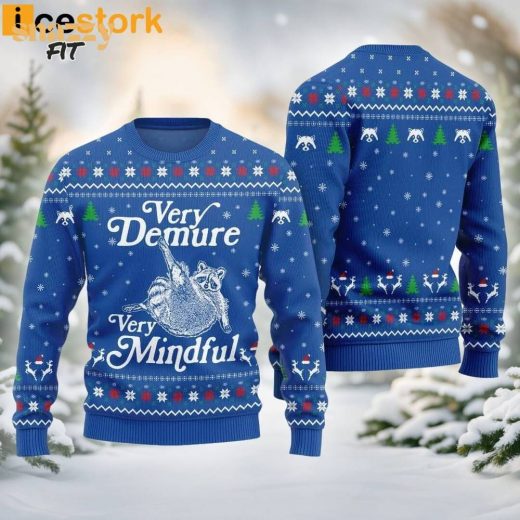 Funny Very Demure Very Mindful Racoon Ugly Christmas Blue Sweater