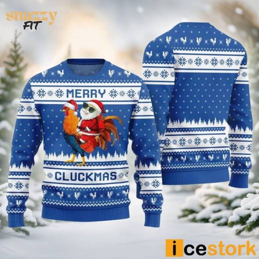 Merry Cluckmas Chicken Ugly Christmas Blue Sweater