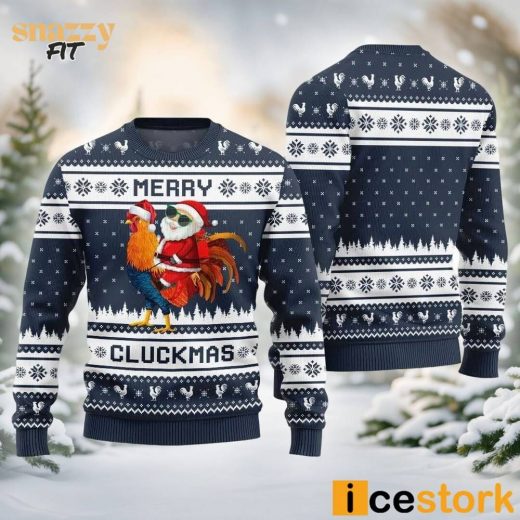 Merry Cluckmas Chicken Ugly Christmas Navy Sweater