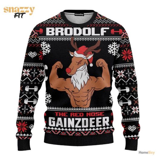 Brodolf The Red Nose Gainzdeer Gym 2024 Ugly Christmas Sweater