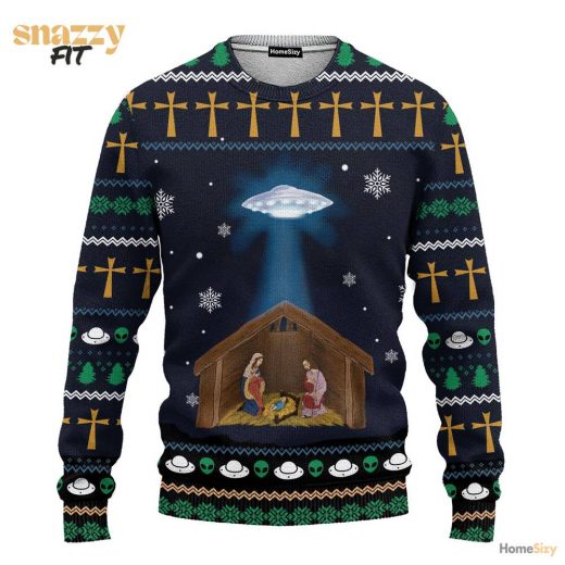 Jesus Nativity With Ufo Star Ugly Sweater 2024 Christmas